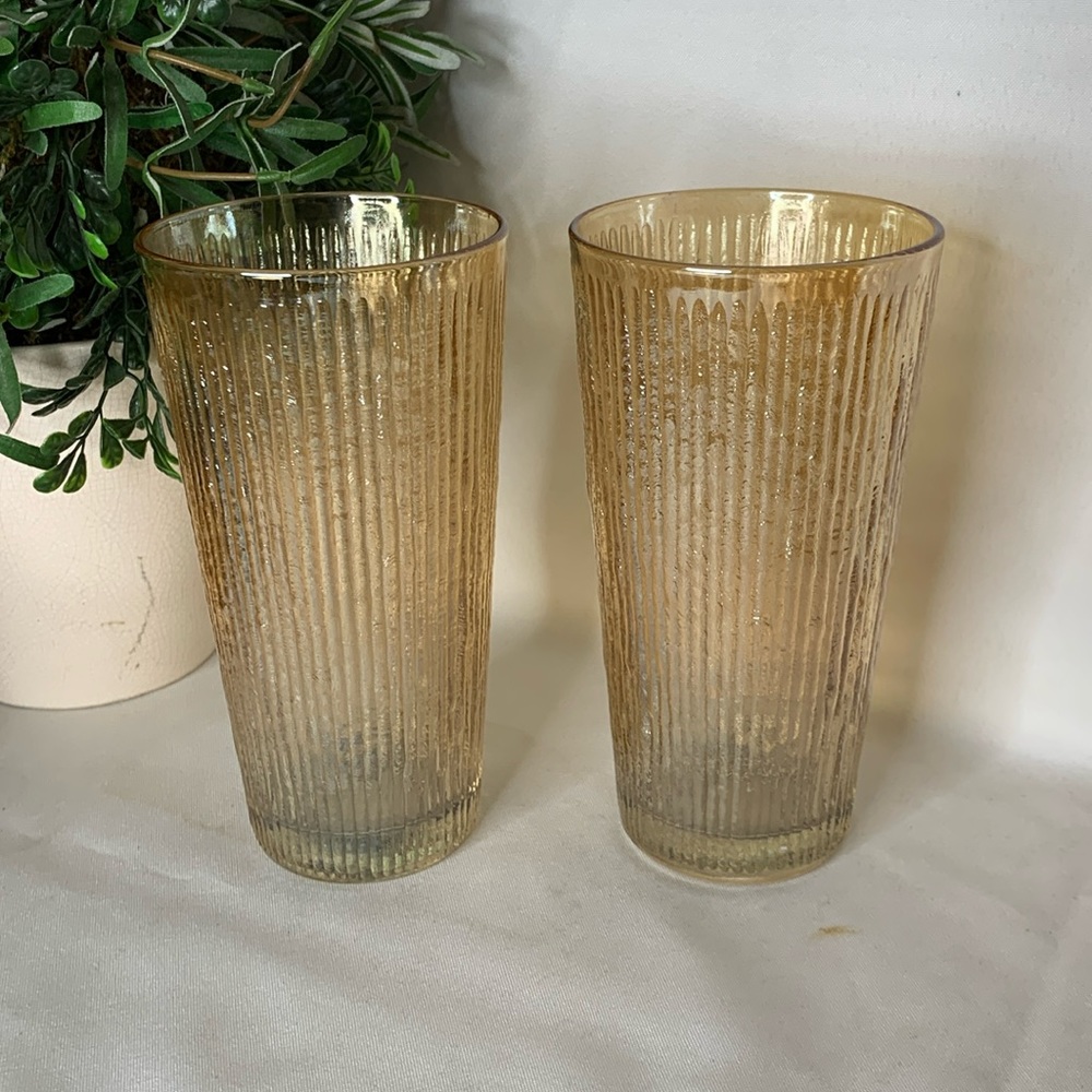 Set of 2 Jeannette Marigold Carnival glass Tree Bark variant 16oz Flat tumbler